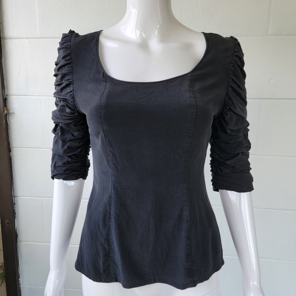 Vintage 90s Della Roufogali Silk Ruched Sleeve Black Top Women XS Romantic Goth